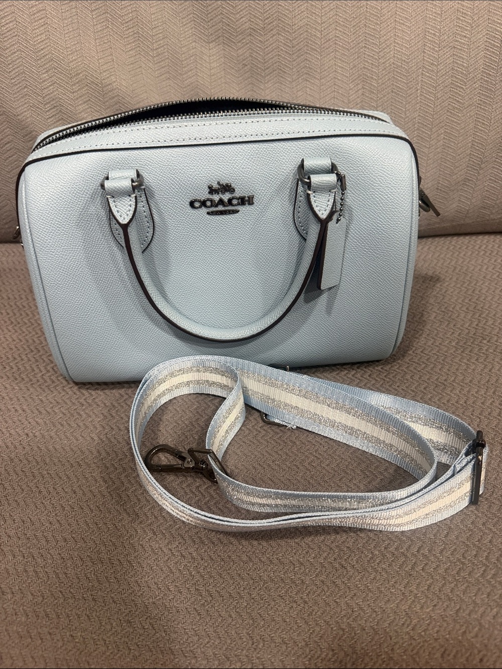 COACH Rowan Light Blue Pebbled Leather Satchel with Striped Strap
